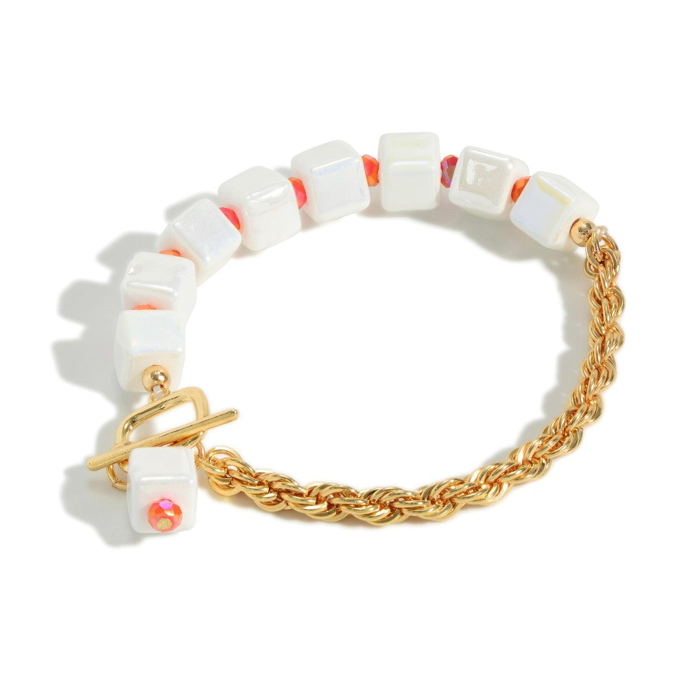 Porcelain Beaded and Chain Link Bracelet With Toggle Closure