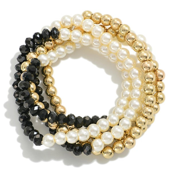 Set of Five Beaded Stretch Bracelets With Pearl Accents -Black