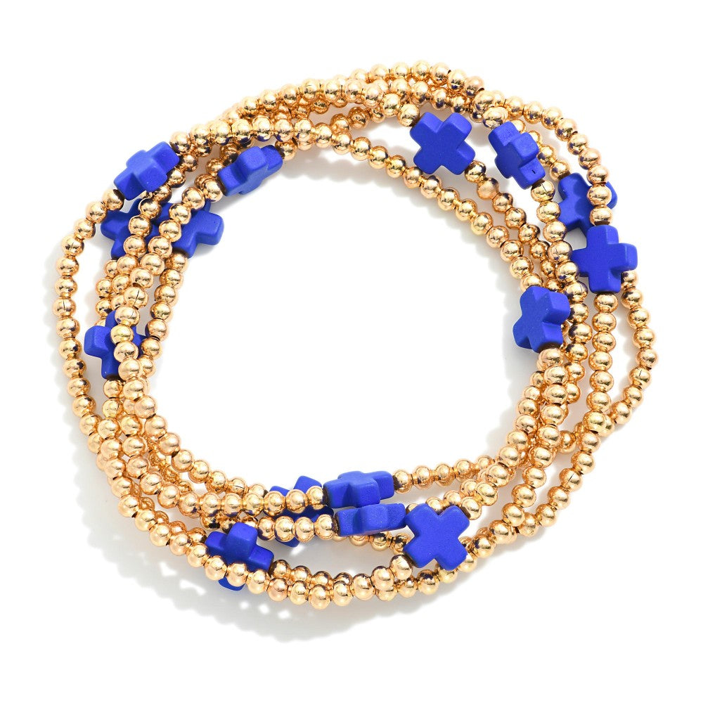 Gold Tone Beaded Stretch Bracelets - Blue