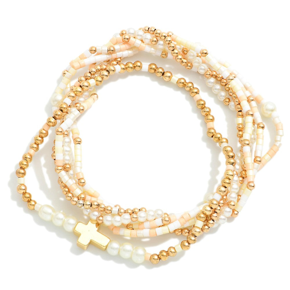 Gold Tone Beaded Stretch Bracelet Set
