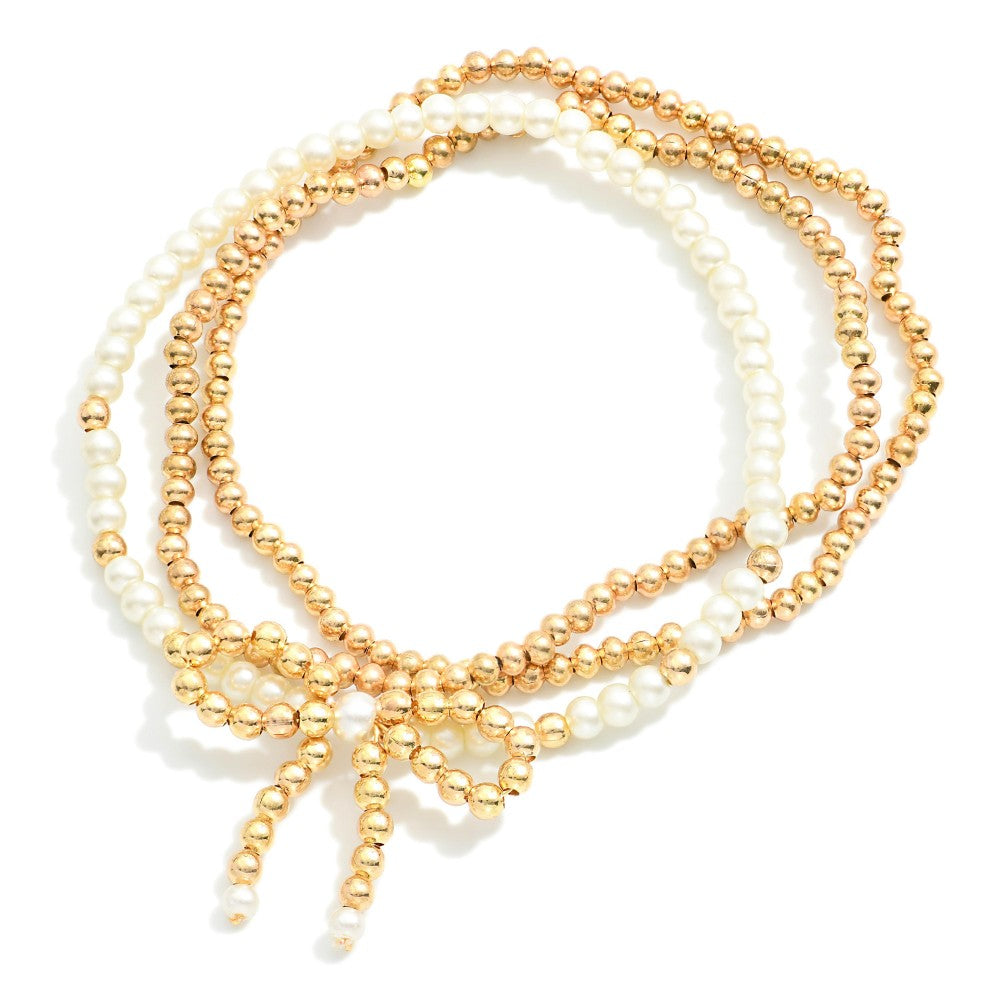 Pearl & Gold Bow Beaded Bracelet Set
