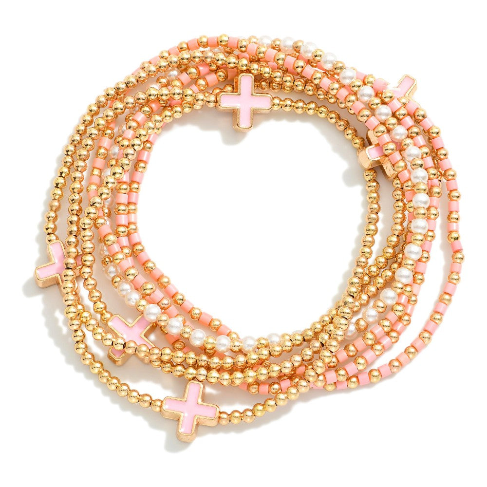 Set Of Seven Beaded Stretch Bracelets Featuring Metal Tones, Pearls, & Enamel Criss Cross Beads