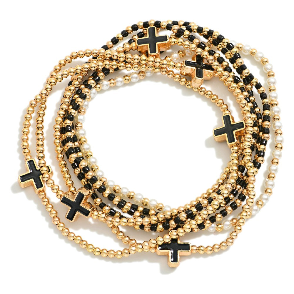 Set Of Seven Beaded Stretch Bracelets Featuring Metal Tones, Pearls, & Enamel Criss Cross Beads