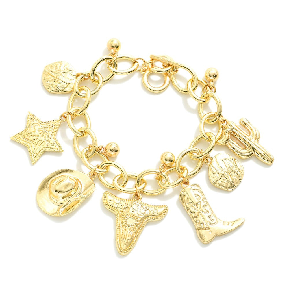Chain Link Charm Bracelet Featuring Metal Tones &amp; Western Charms