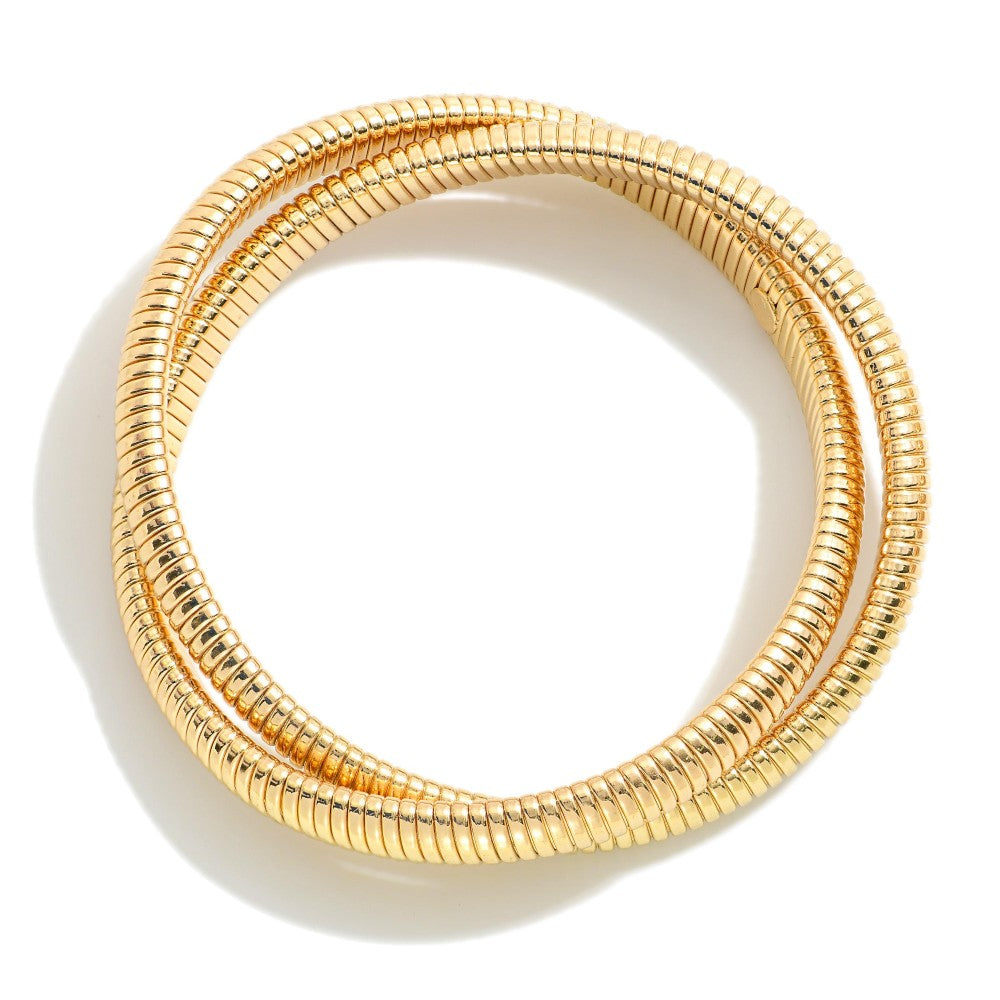 Two Intertwined Metal Tone Stretch Snake Chain Bracelets