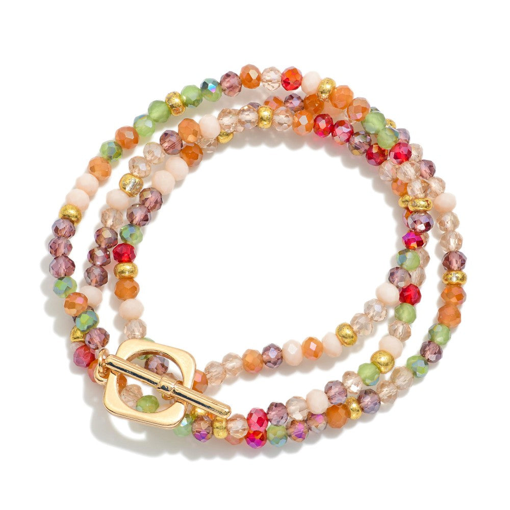 Set Of Three Beaded Stretch Bracelet Featuring Faceted Beads & Gold Metal Tone Stations