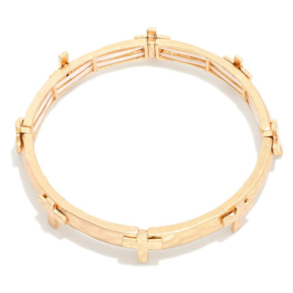 Metal Tone Stretch Bangle Bracelet Featuring Cross Station