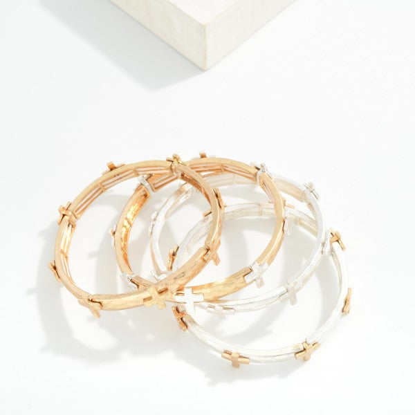 Metal Tone Stretch Bangle Bracelet Featuring Cross Station