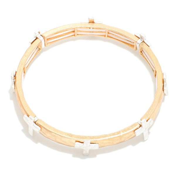 Metal Tone Stretch Bangle Bracelet Featuring Cross Station