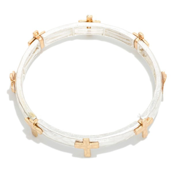 Metal Tone Stretch Bangle Bracelet Featuring Cross Station