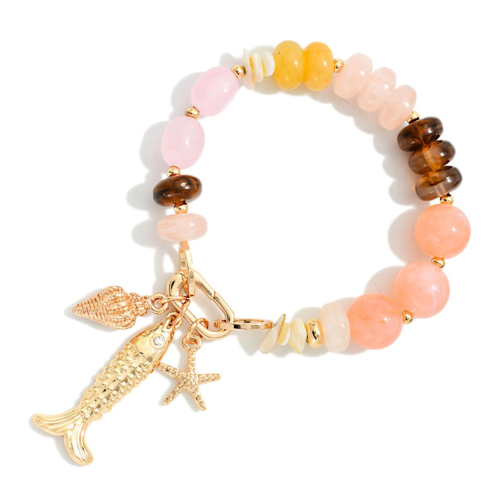 Marbled Acetate & Stone Beaded Bracelet Featuring Beach Charms