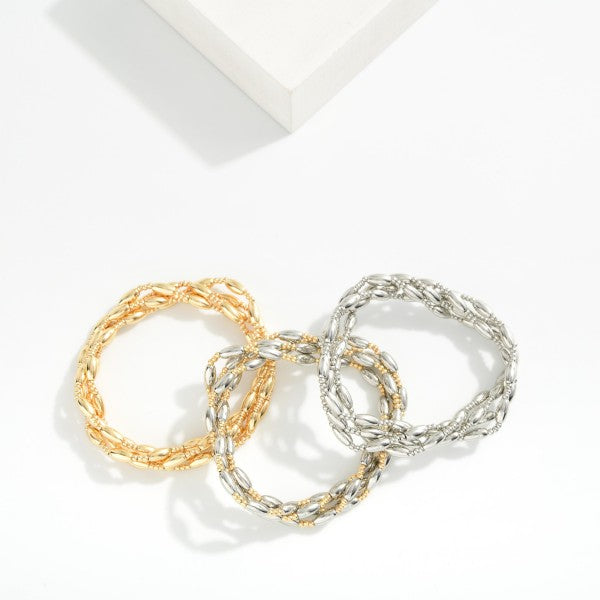 Set Of Four Metal Tone Cylinder Bead Beaded Stretch Bracelets