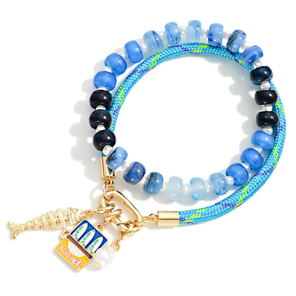 Set Of Two Marbled Acetate Bead Beaded Bracelet Featuring Rope Bracelet With Fish,Sardine Box, And Pearl Charm