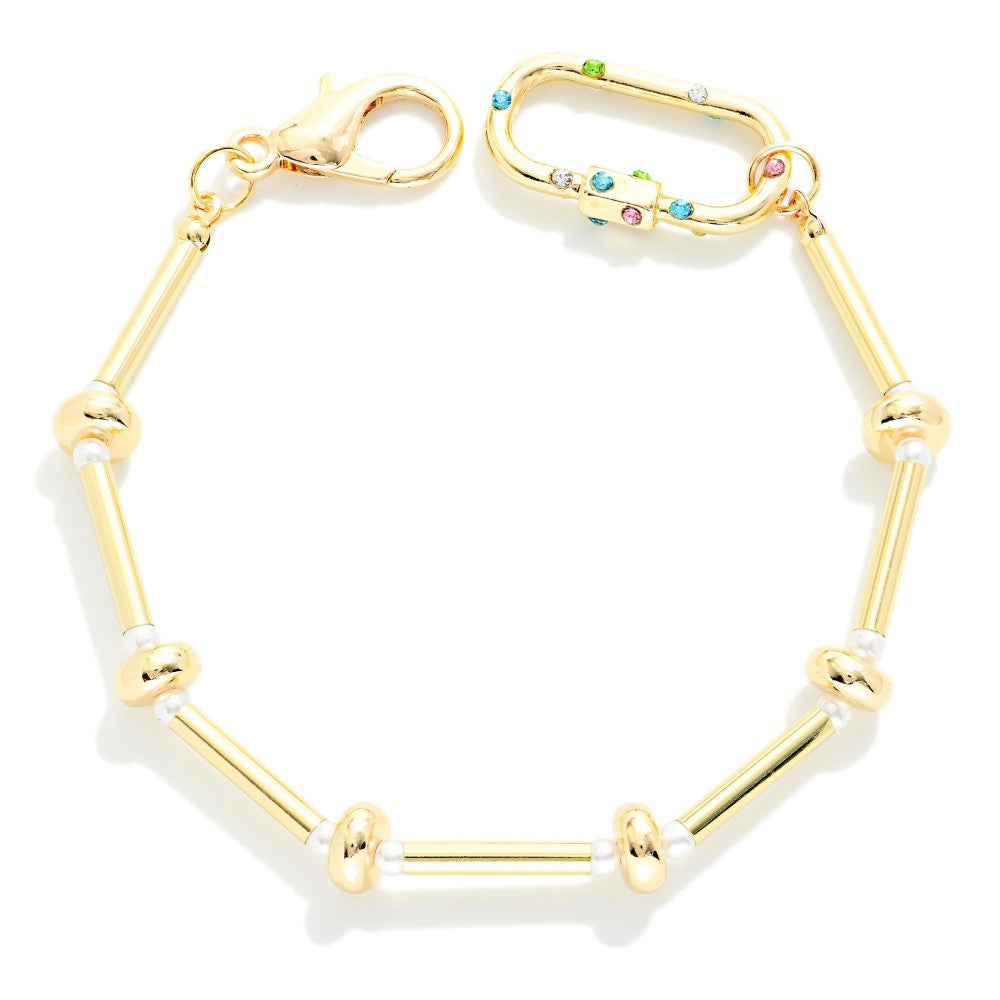 Metal Bar & Disk Bracelet With Pearl & Carabiner Link Details