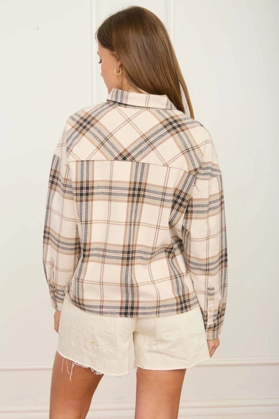 Plaid Boxy Long Sleeve Shirt Ivory