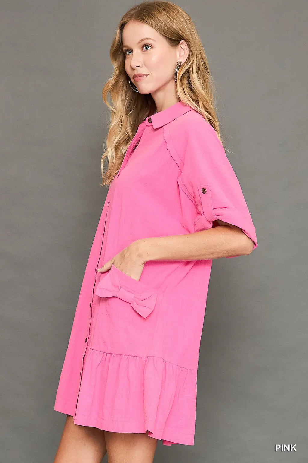 Pink Dress with Bow Trim Pockets
