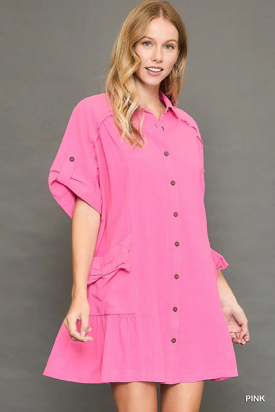 Pink Dress with Bow Trim Pockets