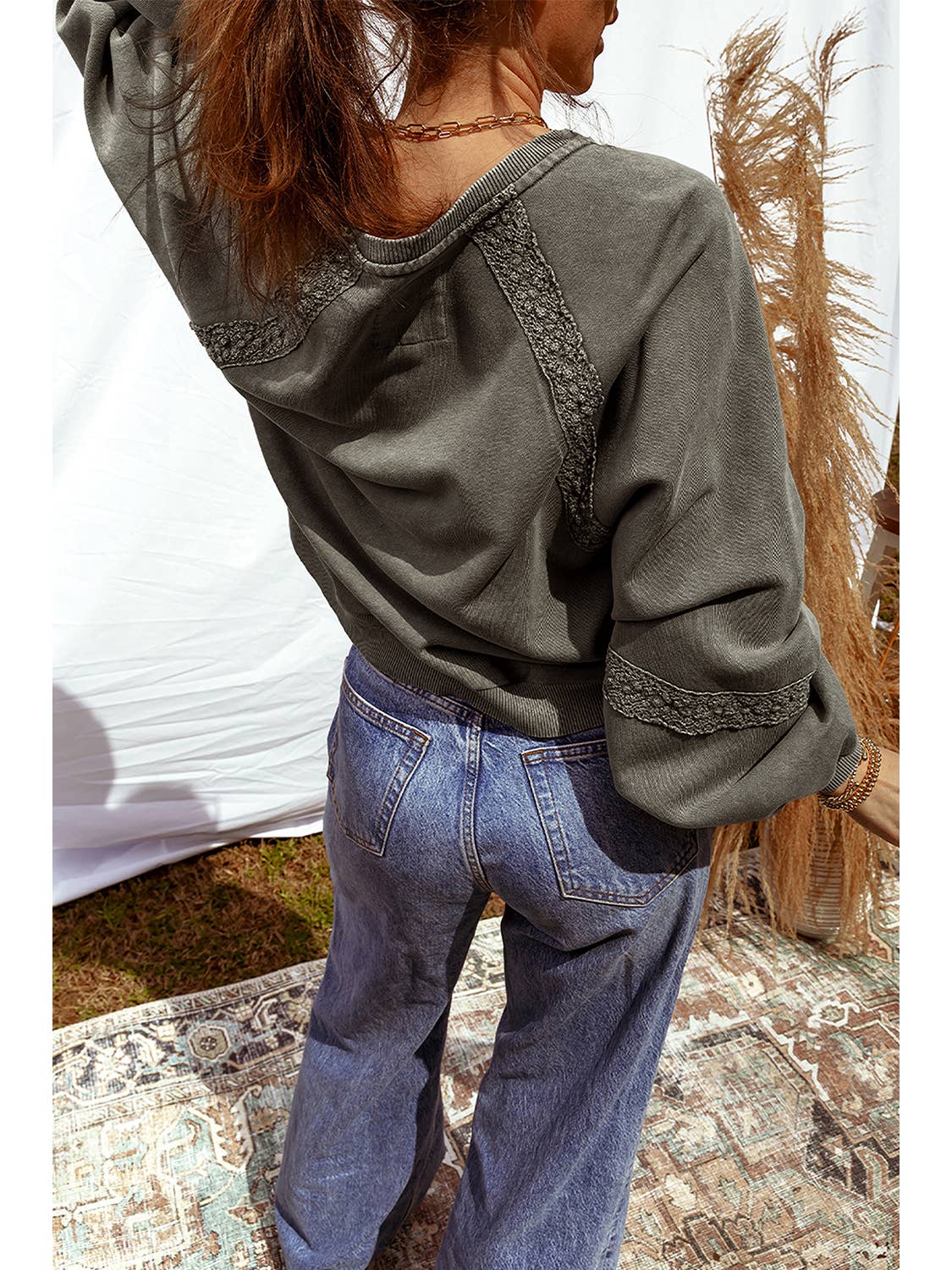 Green Laced Patchwork Mineral Wash Baggy Sweatshirt