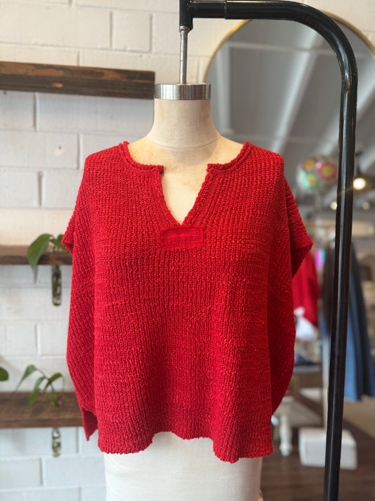 Tomato Back Patch Rolled Split-Neck Side Slit Pullover