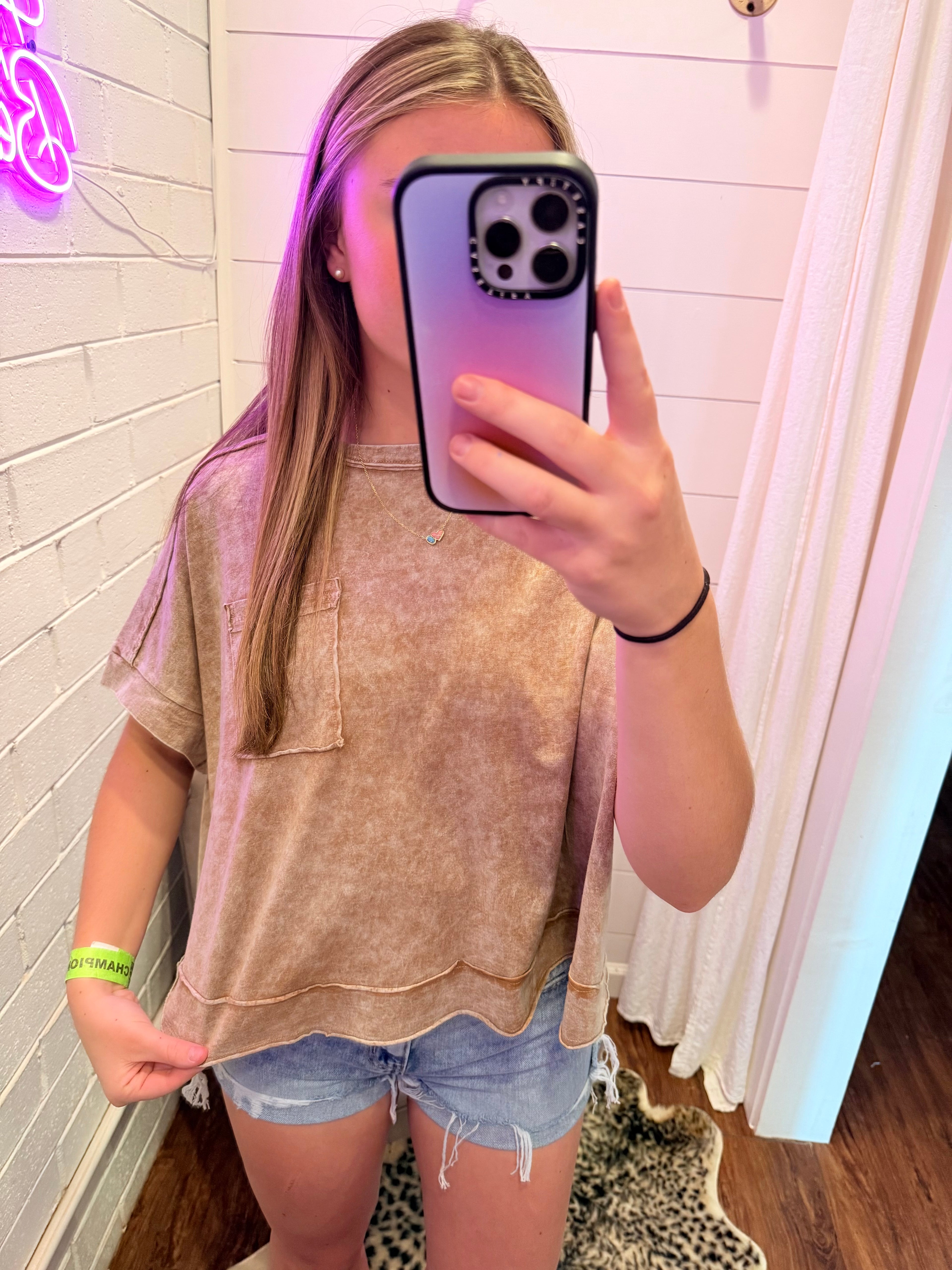 Brown Halo Snow Washed Oversized Crop Box Tee