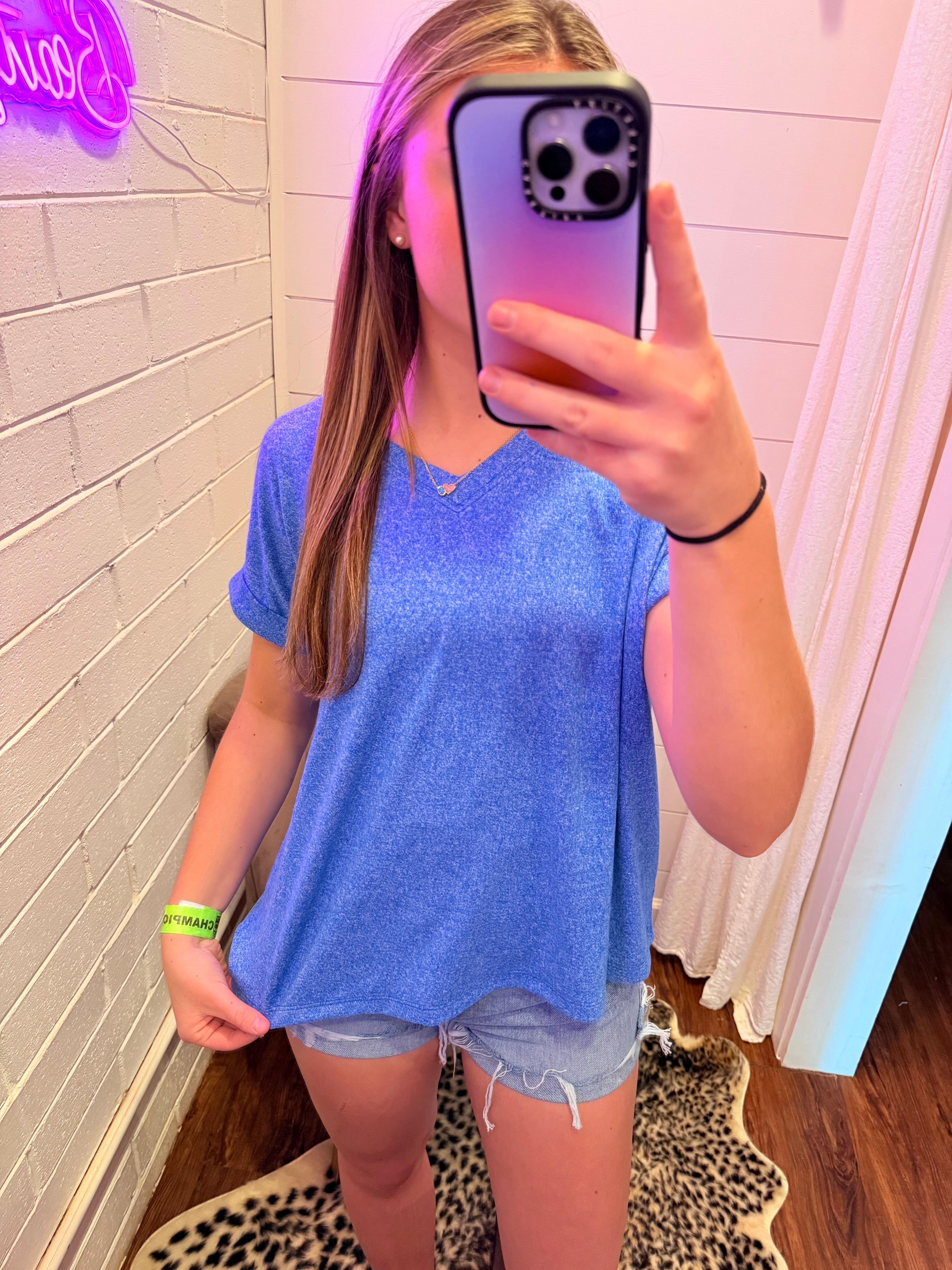 Light Navy Soft Melange Short Sleeve Round Neck Cropped Top