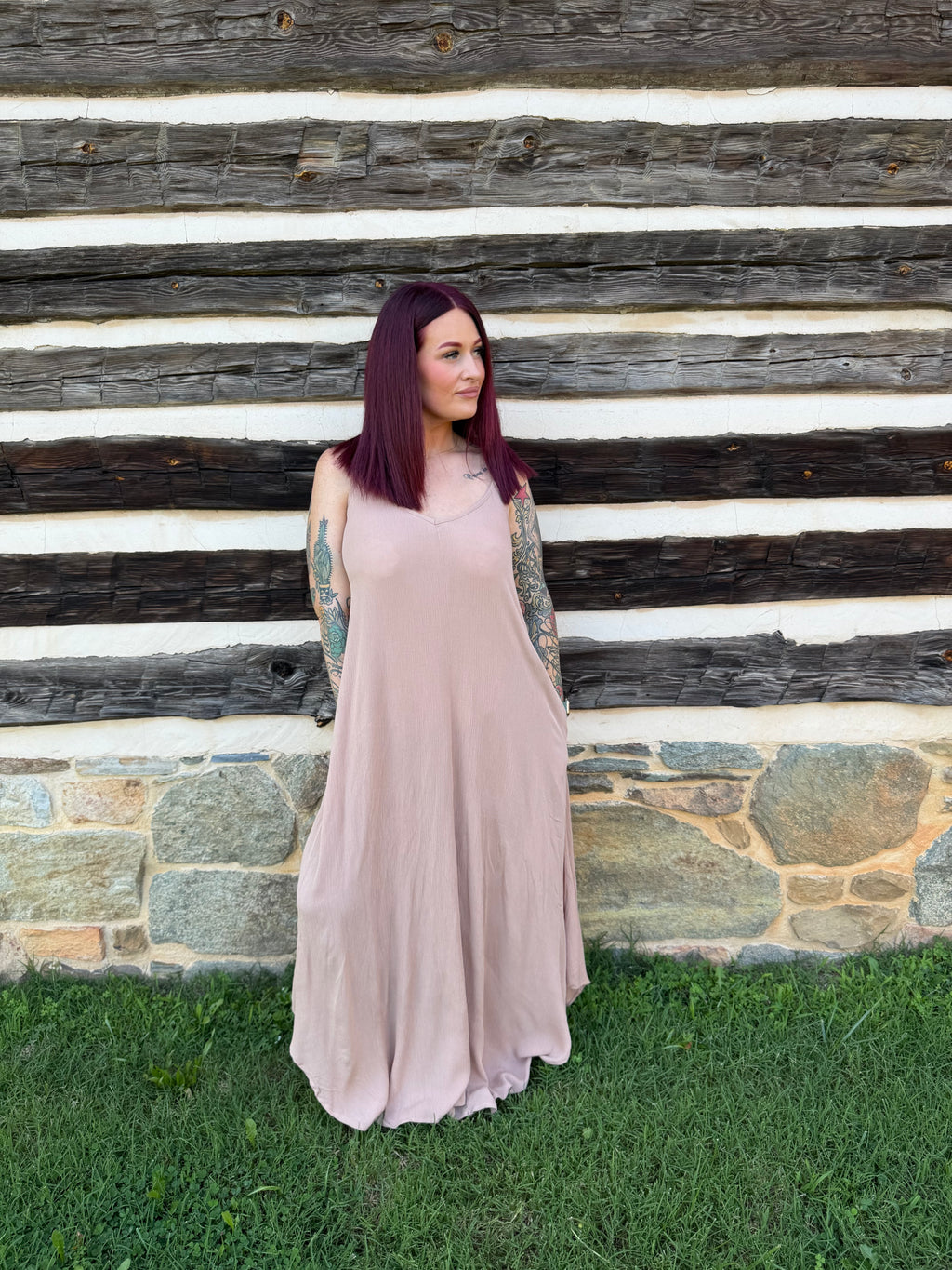Woven Crinkle Cami Maxi Dress W Side Pockets - Brush