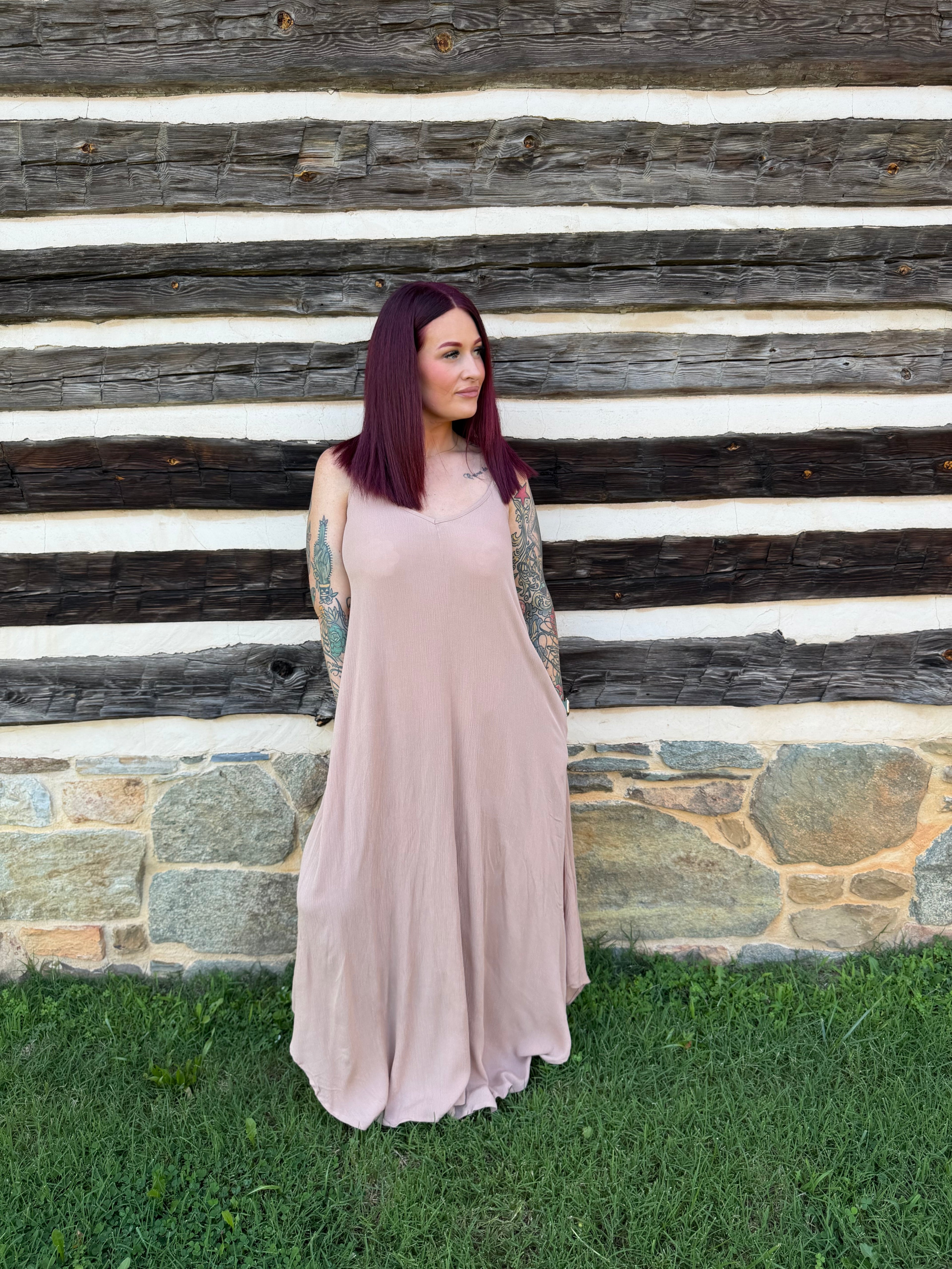 Woven Crinkle Cami Maxi Dress W Side Pockets - Brush