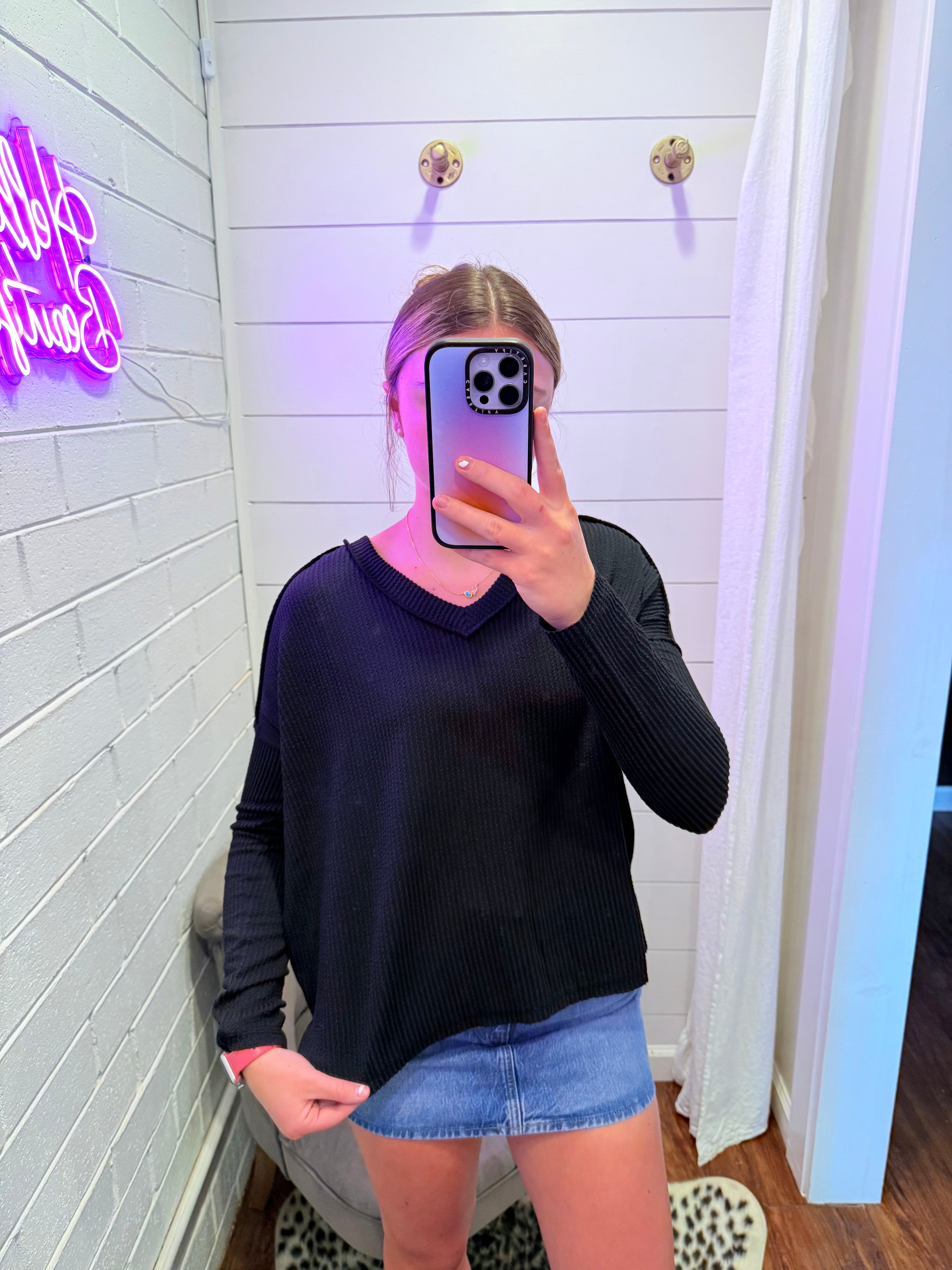 Black Corded Rib Long Sleeve Top