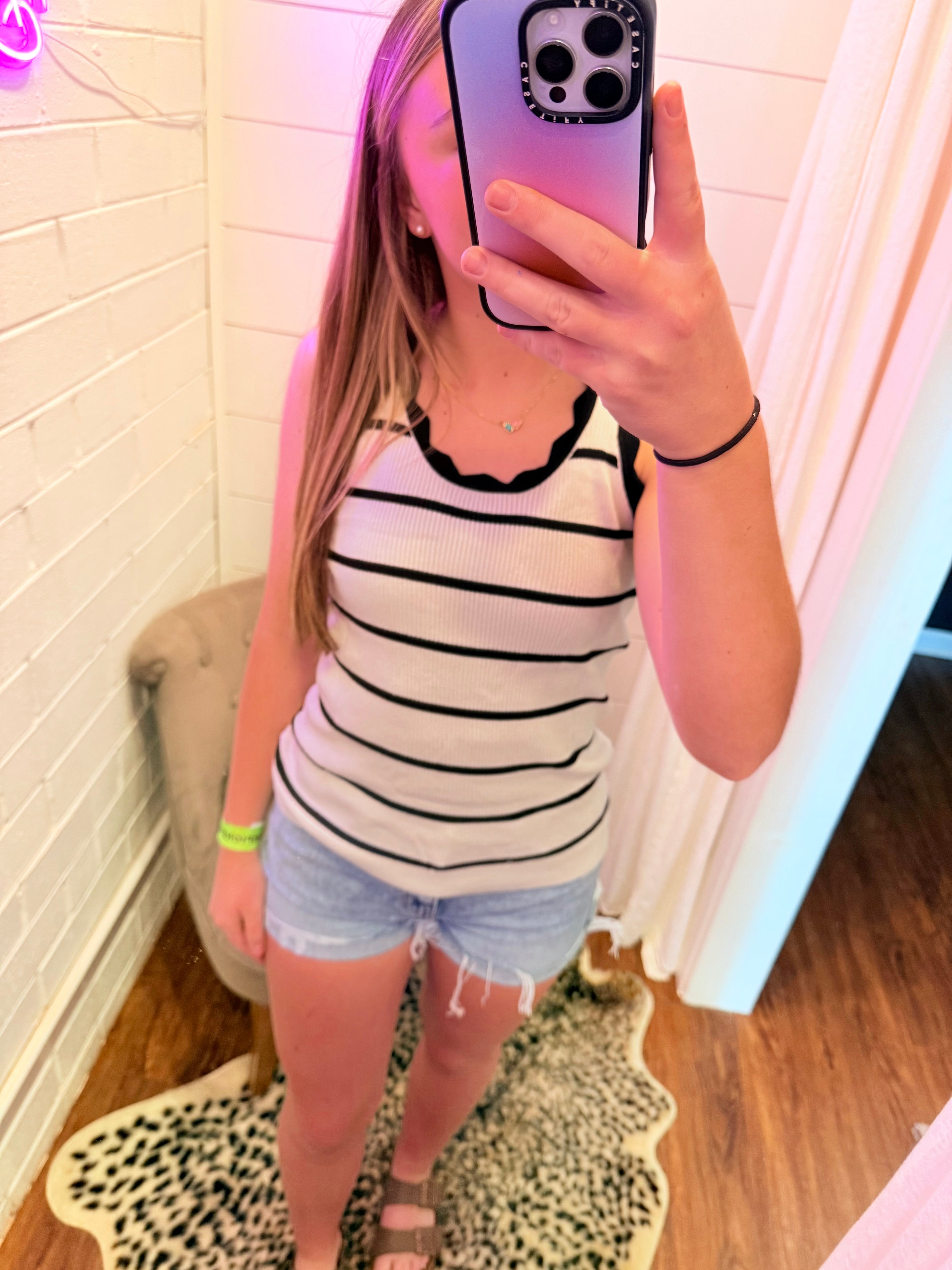 Black Scalloped Edge Crew Neck Knit Striped Tank