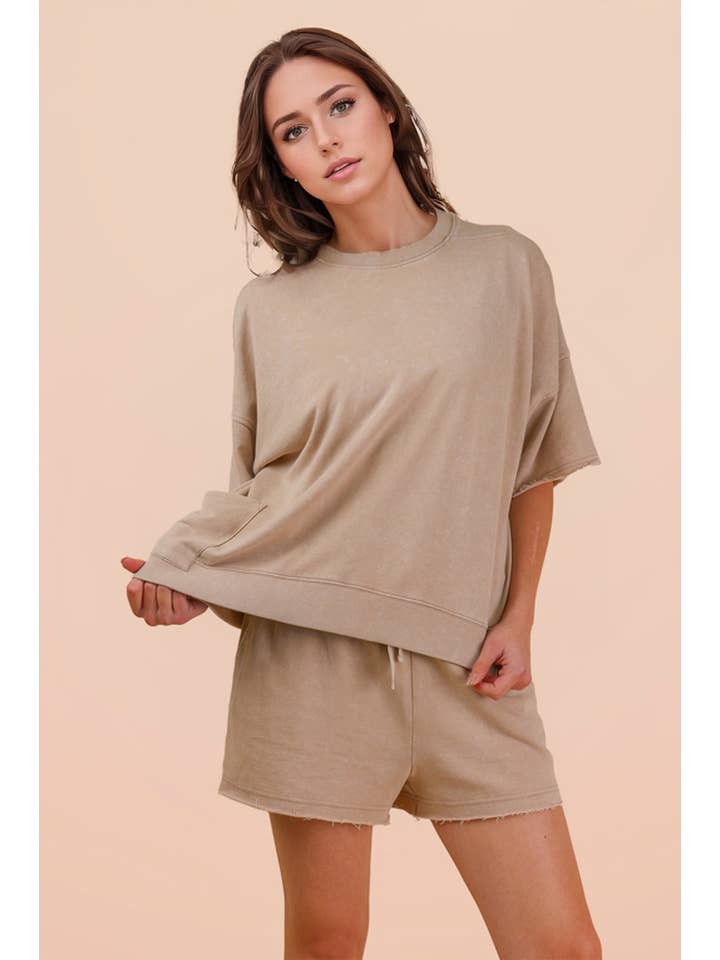 Mineral Washed Knit Casual Set - Beige