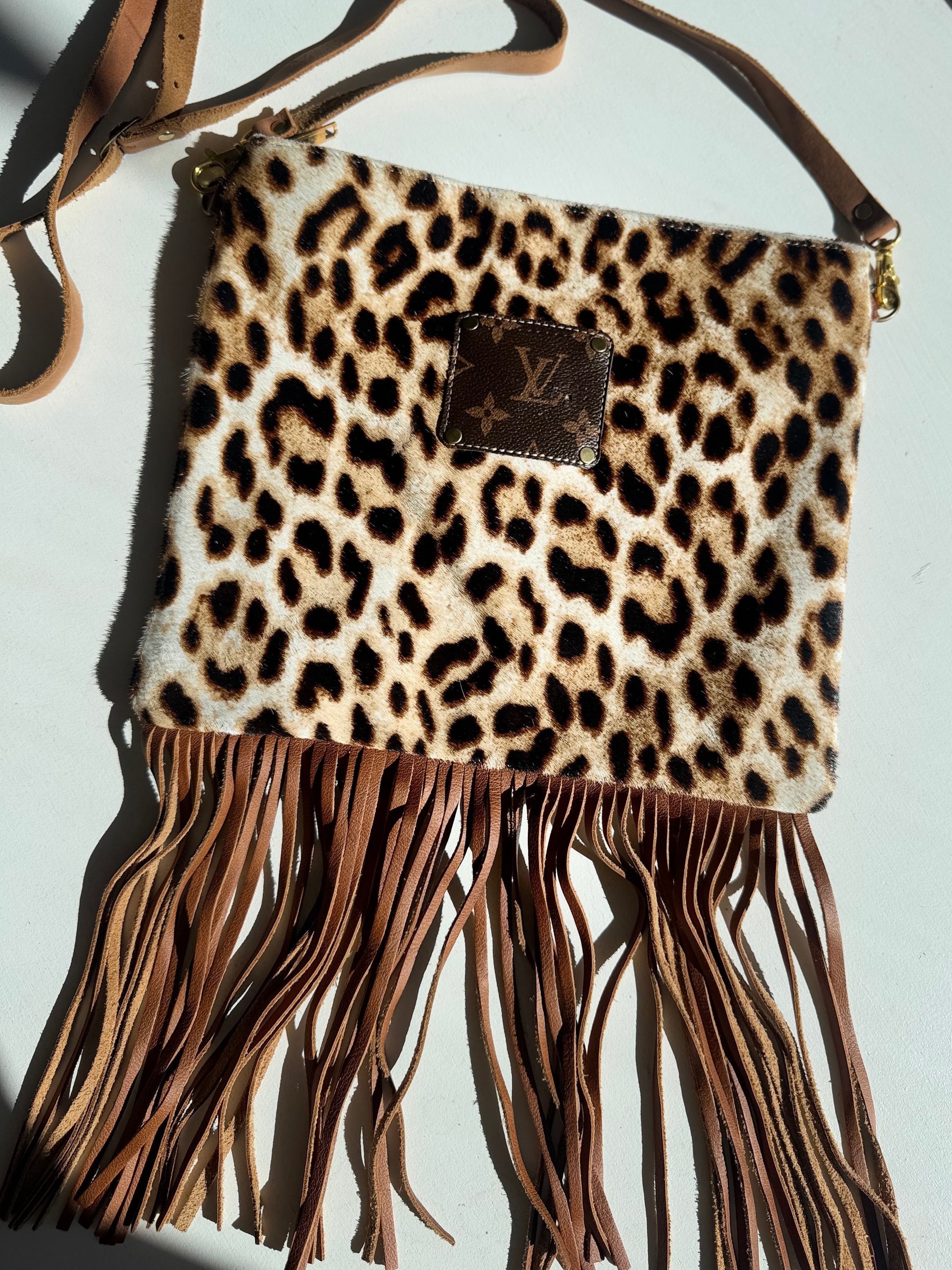 Cheetah LV Crossbody with Brown Fringe & Teal Inside