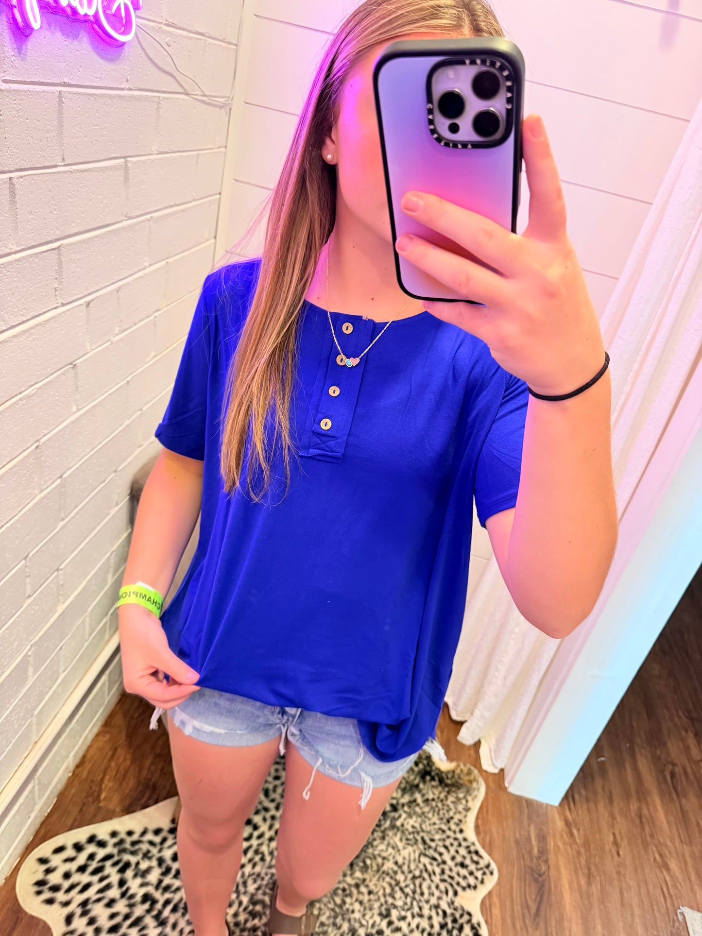 Bright Blue Plus Short Sleeve Button Down Top