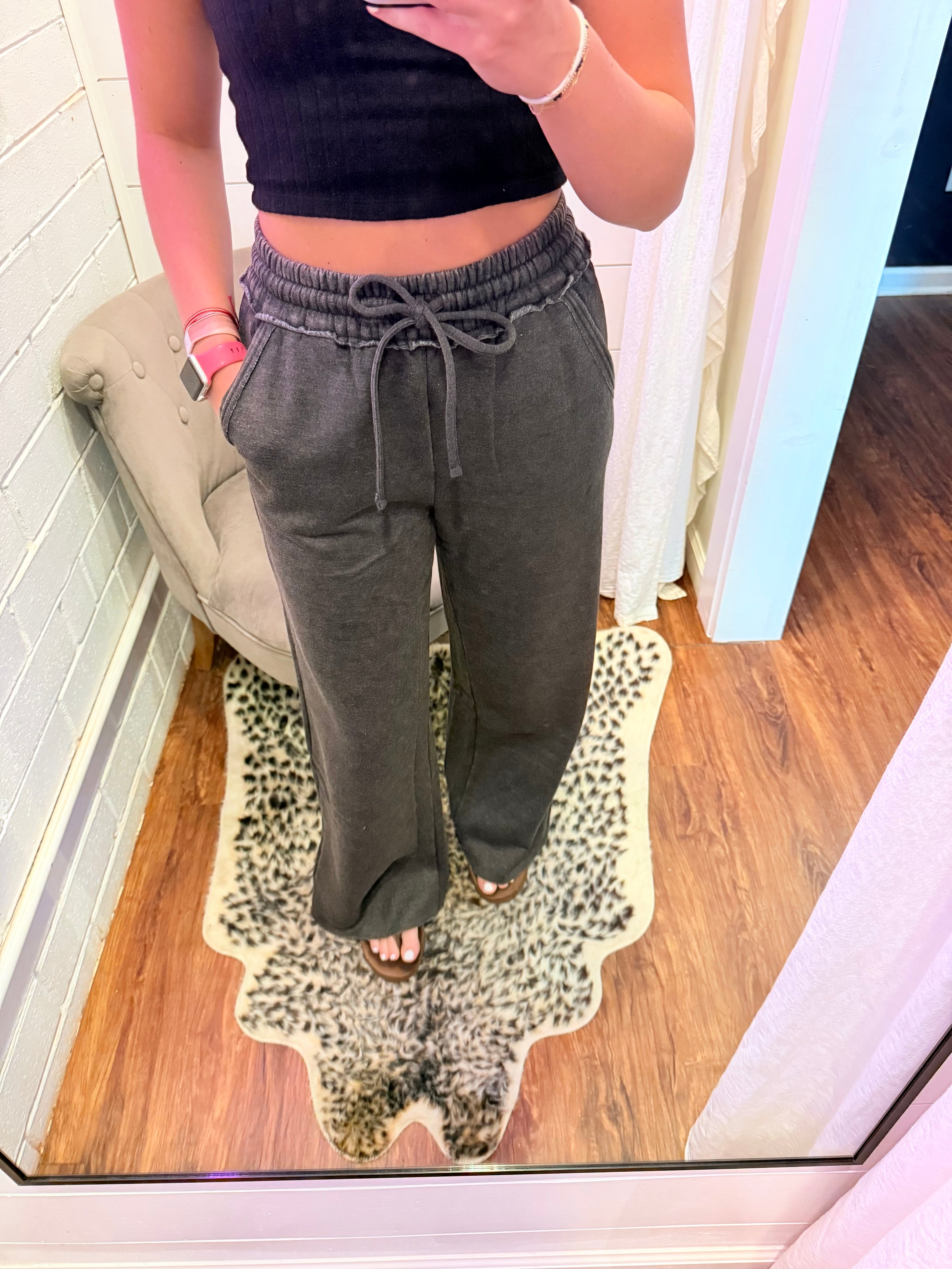 Black Acid Wash Fleece Sweatpants w/Pockets