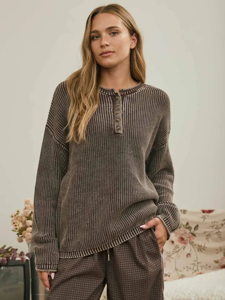 Washed Knit Sweater - Dark Brown