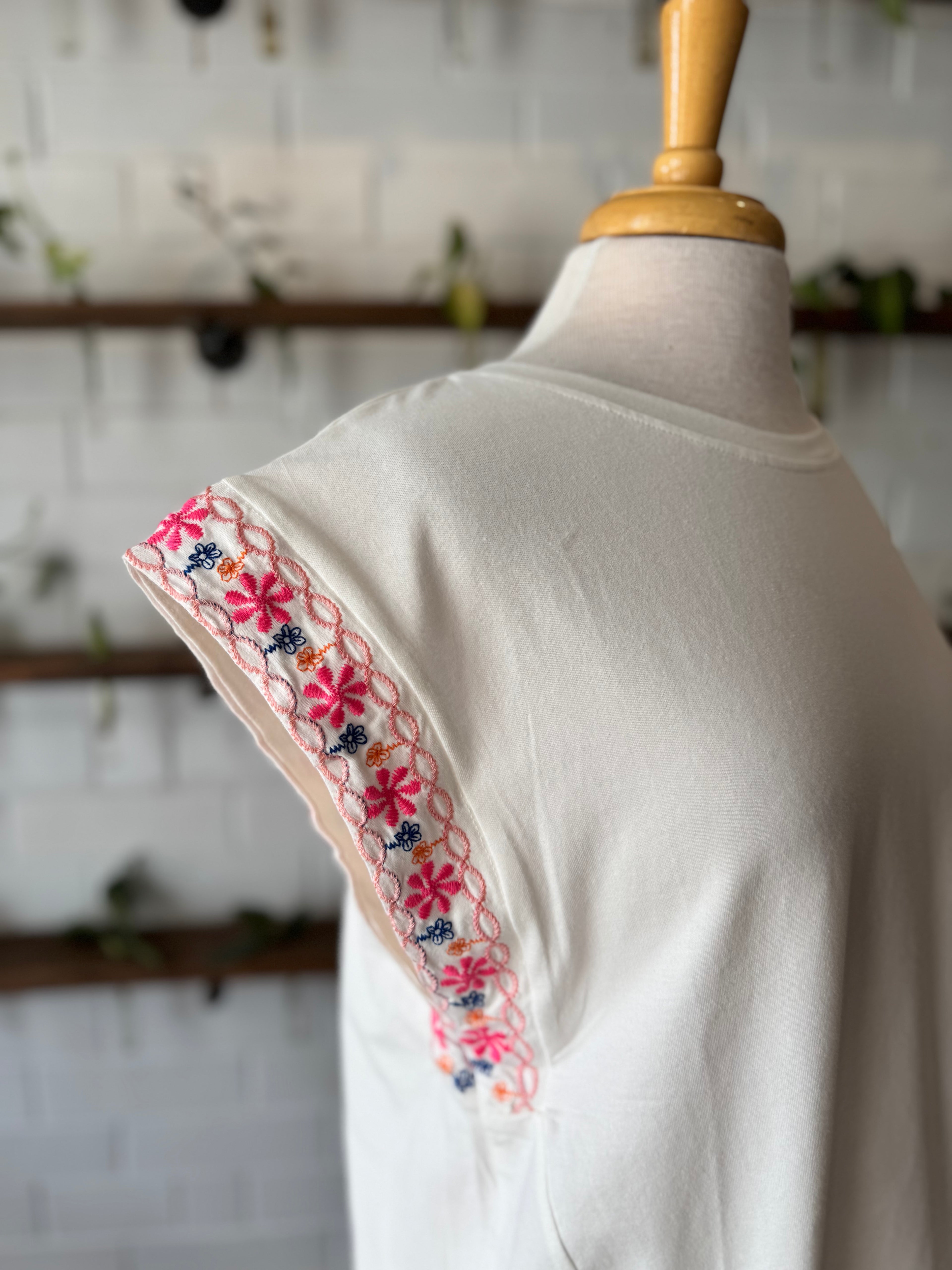 Embroidered Cap Sleeve Top