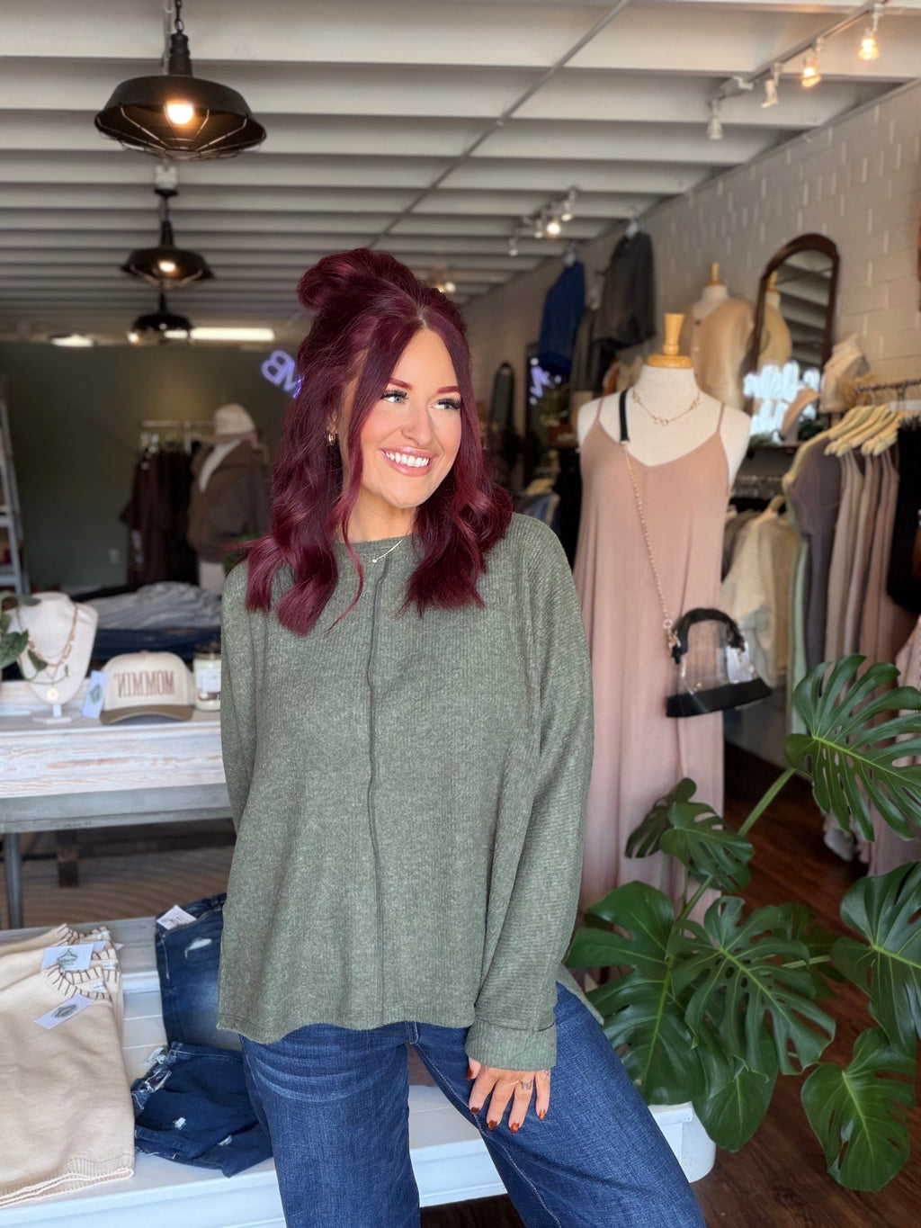 Ribbed Center Seam Dolman Sleeve Top - Dk Olive