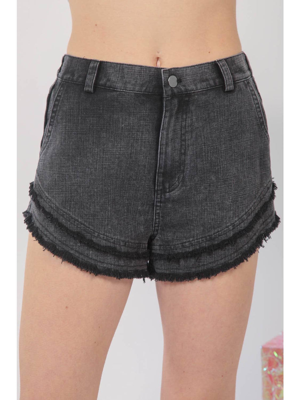 Frayed Washed Denim Shorts -Black