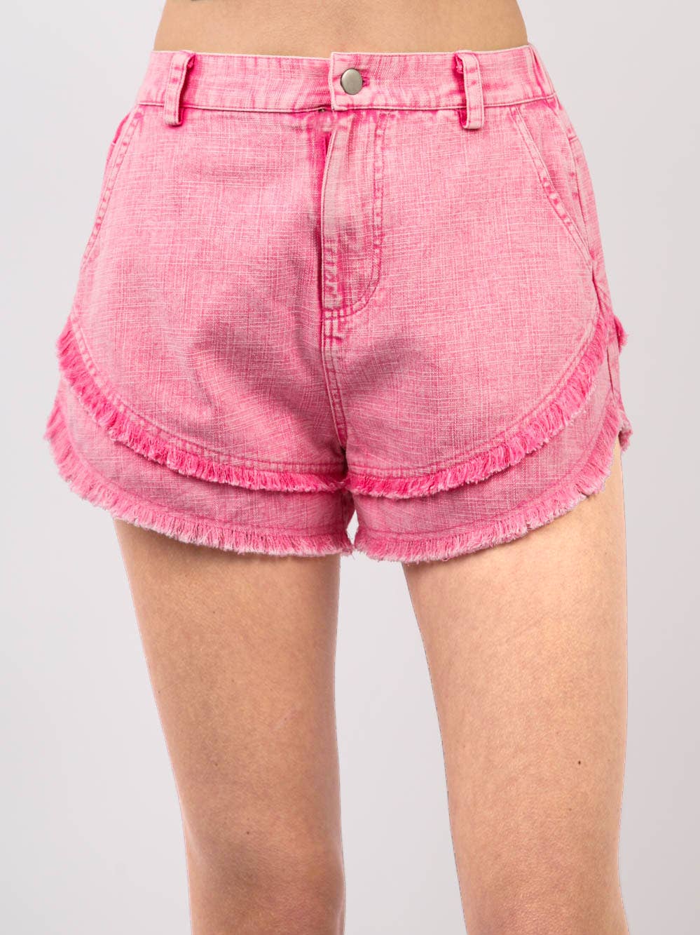 Frayed Washed Denim Shorts -Pink