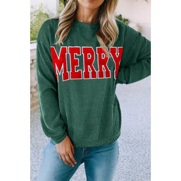 Green Twisted Ribbed Outlined Merry Graphic Sweatshirt