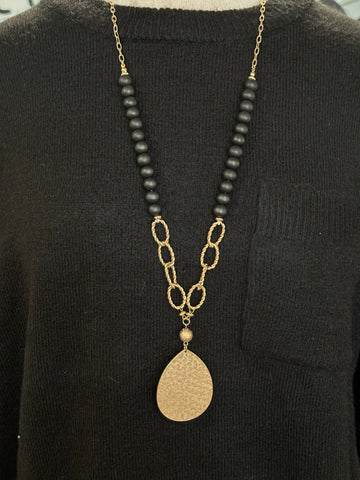 Gold Hammered Pendant Long Necklace, Black