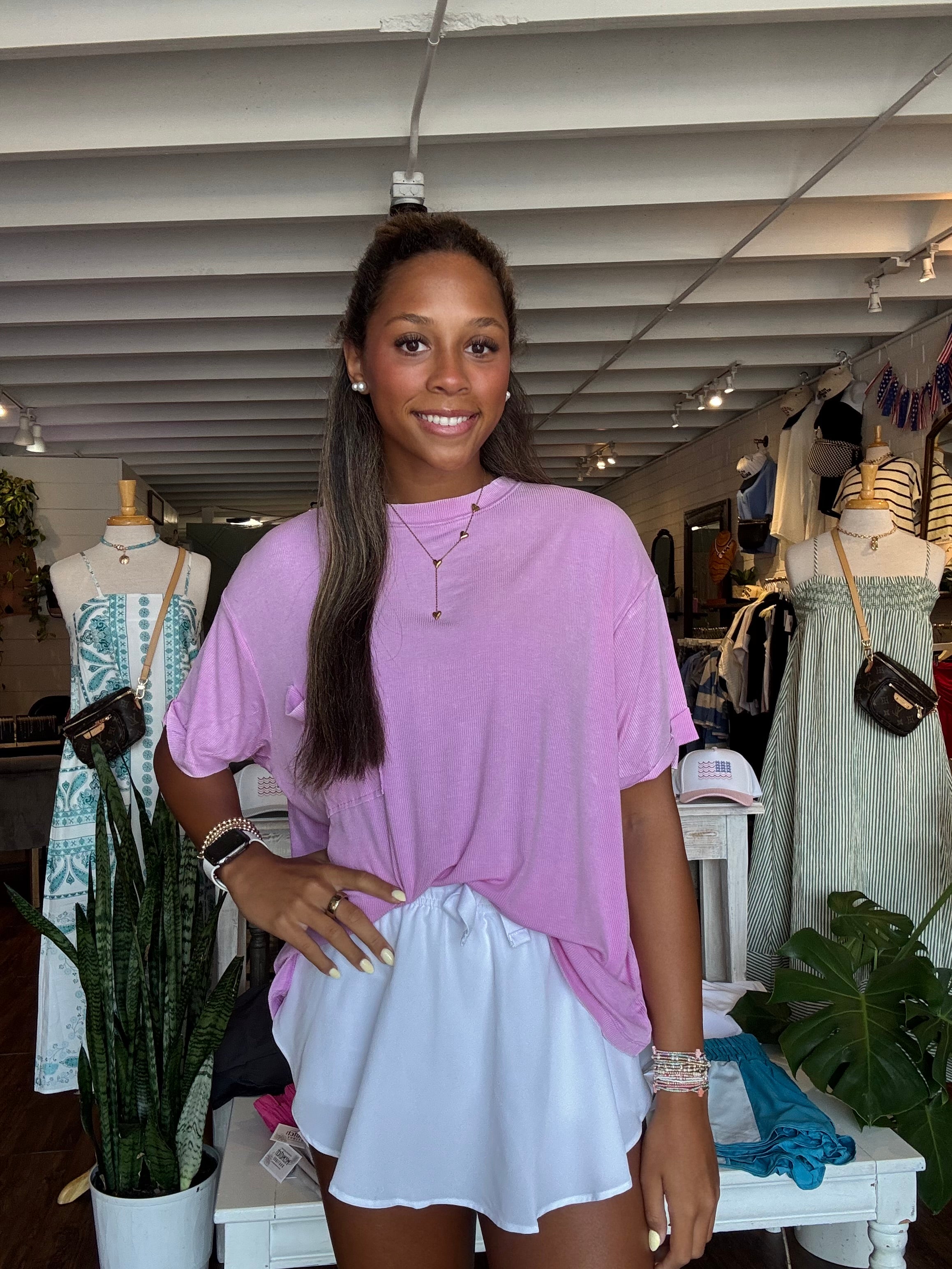 Washed Ribbed Cuffed Sleeve Top Mauve