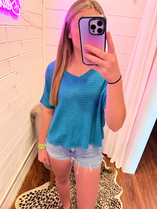 Light Teal Drop Shoulder Short Sleeve Jacquard Sweater