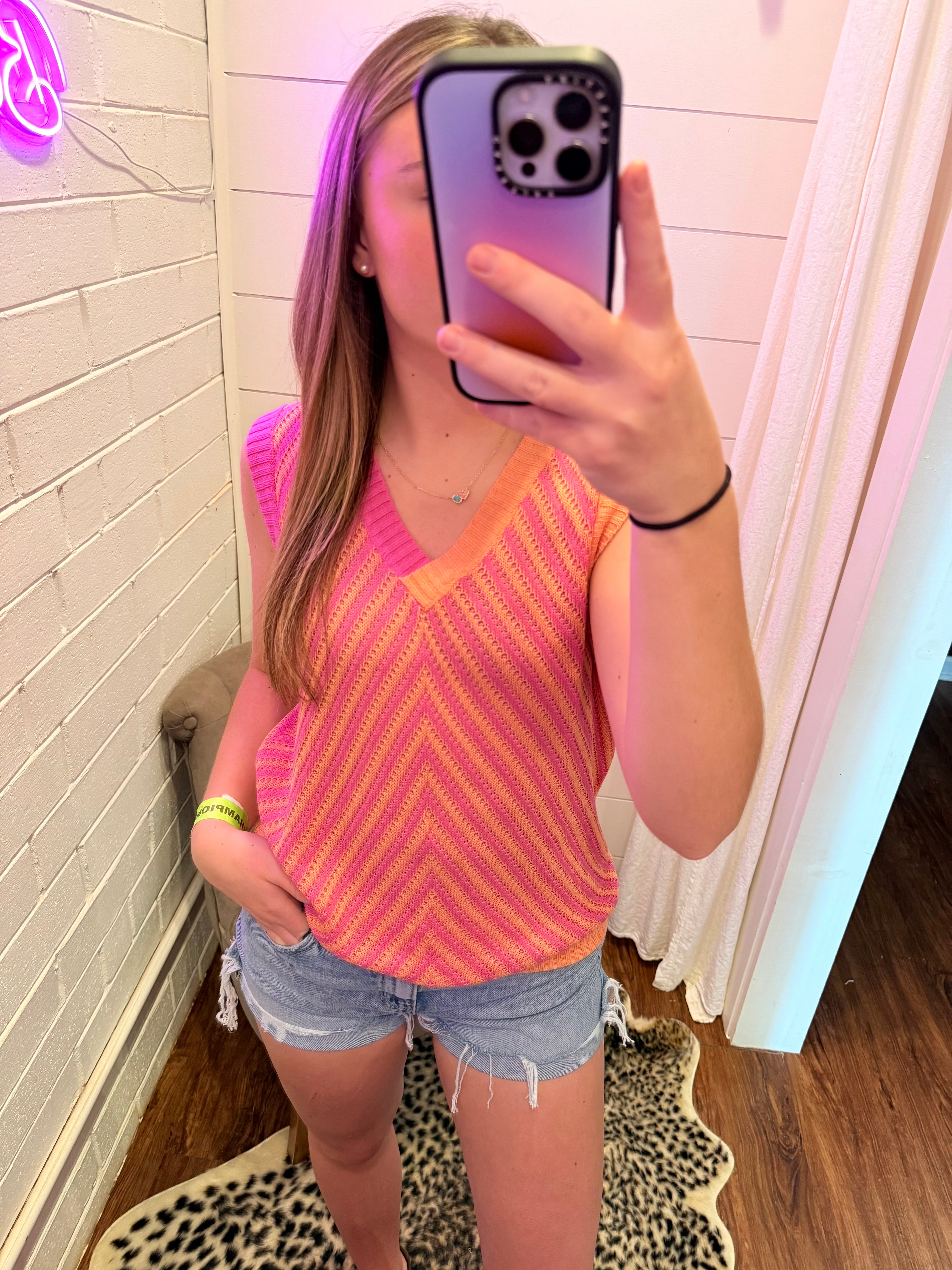 Orange Rose Contrast Chevron V-Neck Knitted Vest