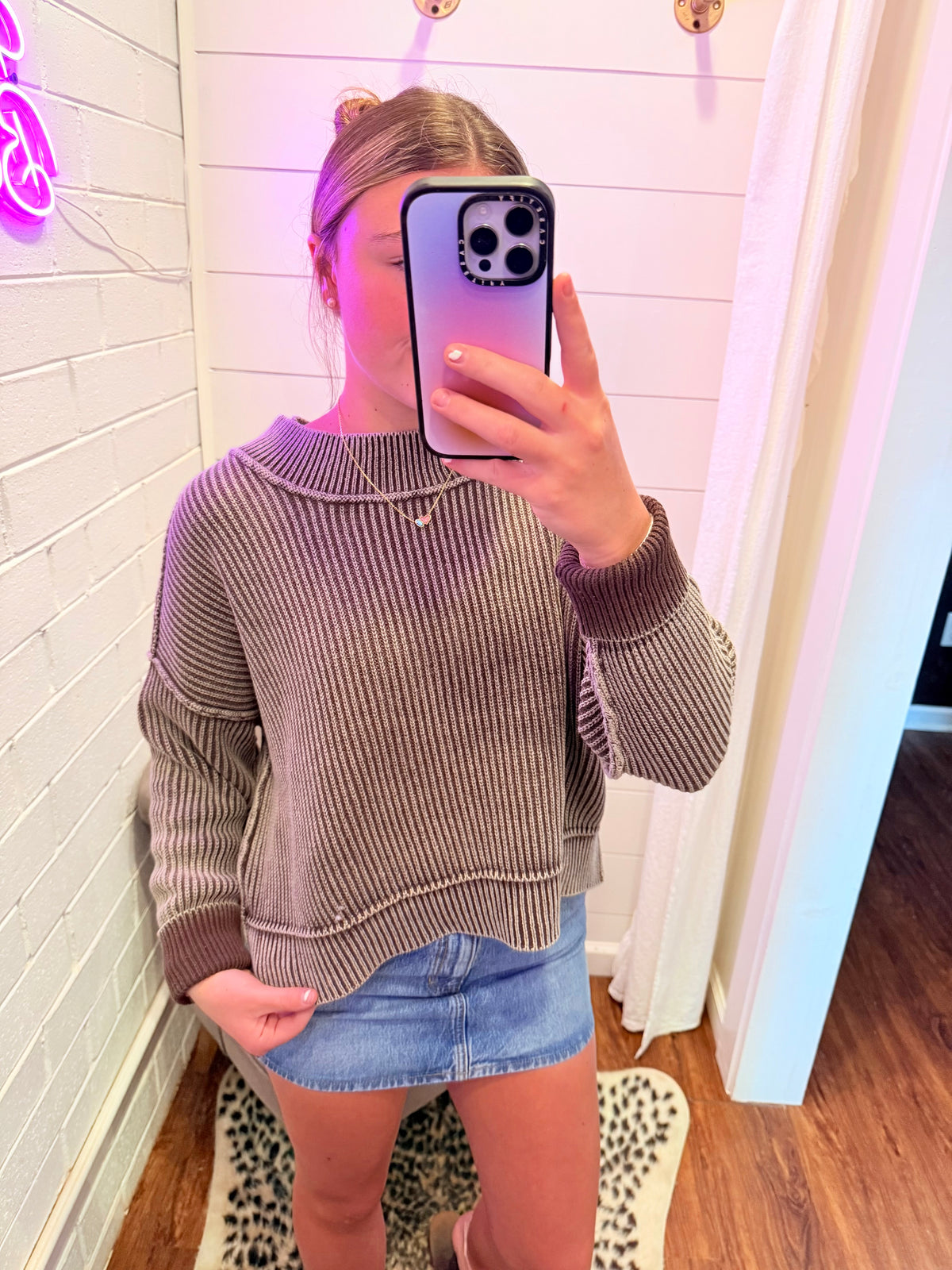 Brown Washed Side Slit Oversized Cropped Sweater