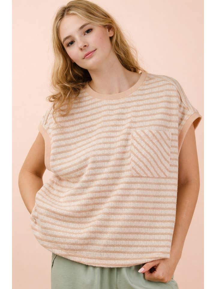 Open Back Striped Textured Knit Top - Beige
