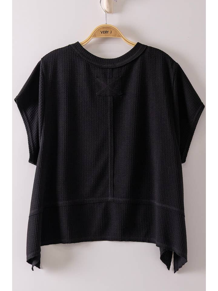 Flared Hem Waffle Knit Top Black