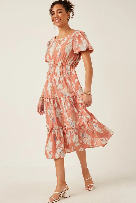 Abstract Print Cutout Back Puff Sleeve Dress