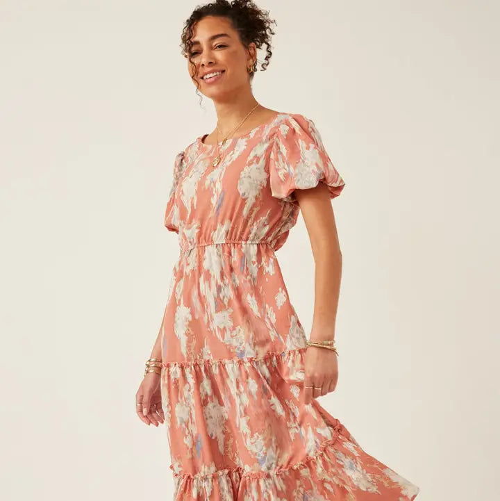 Abstract Print Cutout Back Puff Sleeve Dress