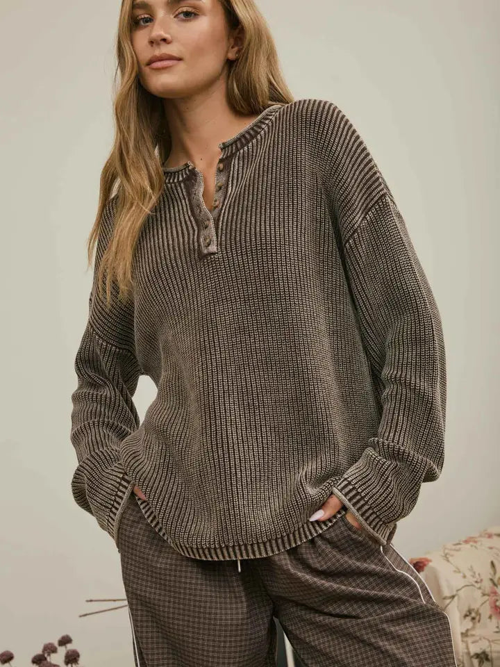 Washed Knit Sweater - Dark Brown