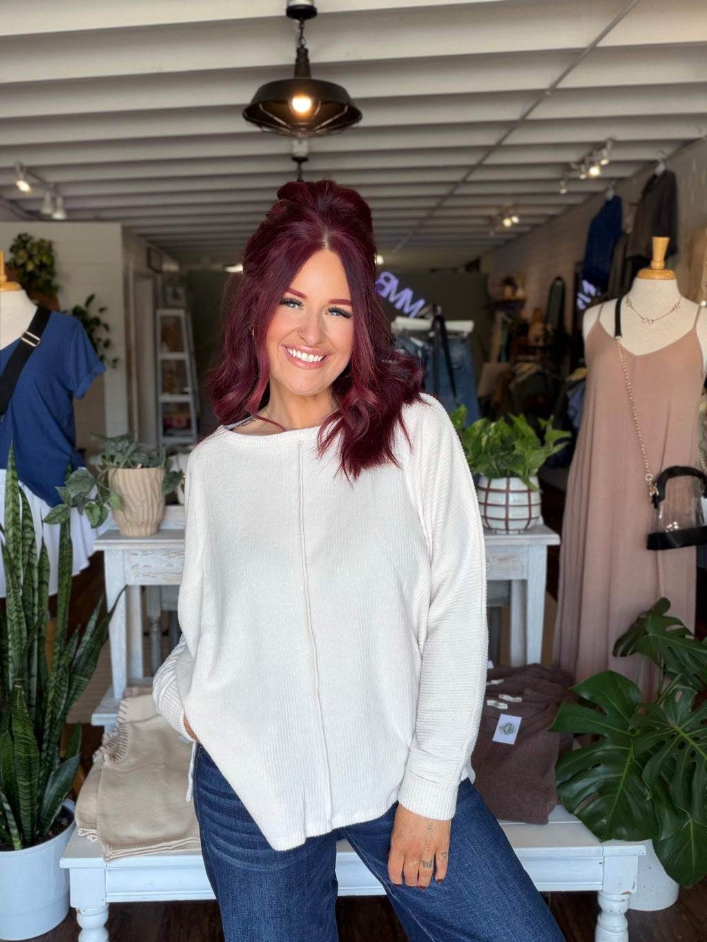 Ribbed Center Seam Dolman Sleeve Top - Sand Beige